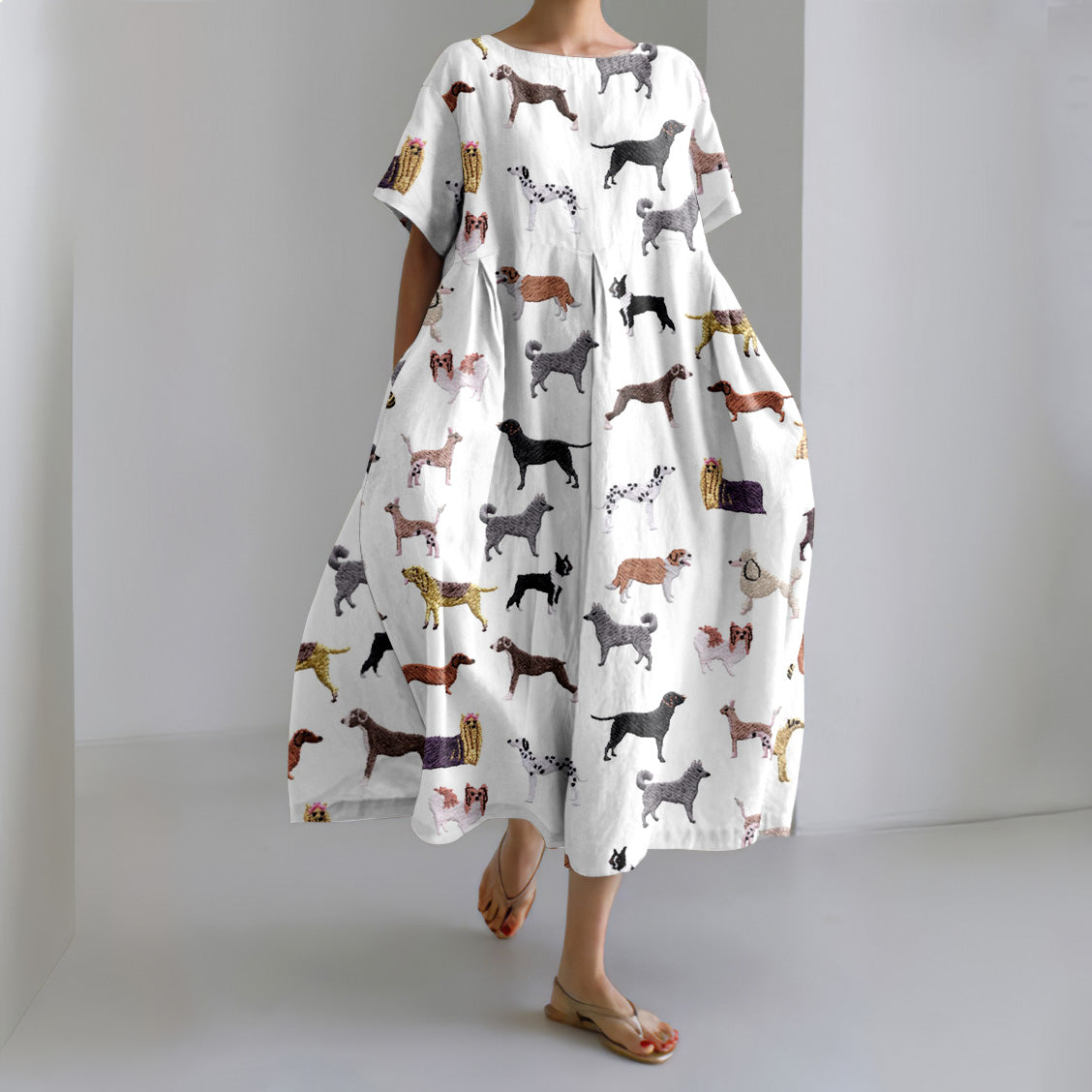 Comstylish Dog Print Crew Neck Short Sleeve Midi Dress