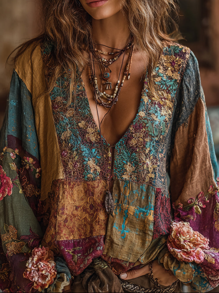 Comstylish Bohemian Style Embroidered Flower Long-sleeved V-neck Bright Yellow Distressed Long-sleeved Top
