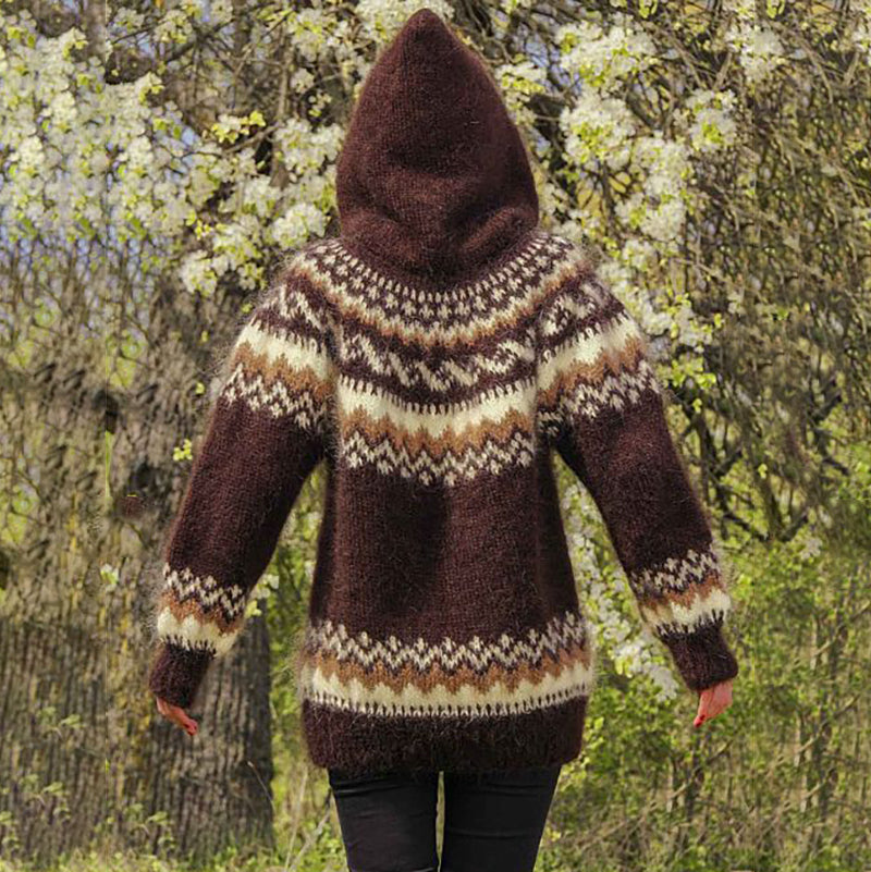 Vintage Icelandic Wave Geometric Knit Jacquard Hooded Sweater elevenforest