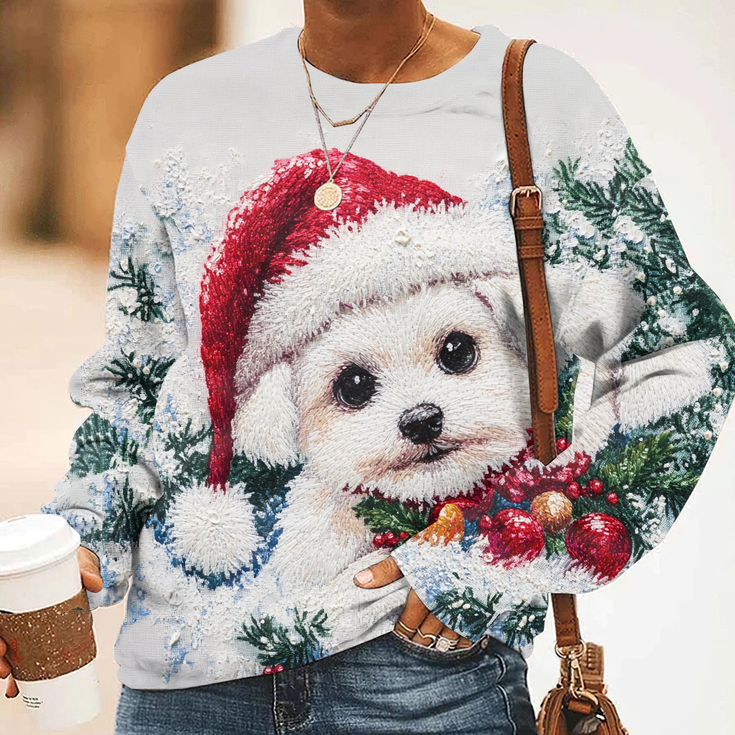 Comstylish Women's Christmas Puppy Print Casual Sweatshirt