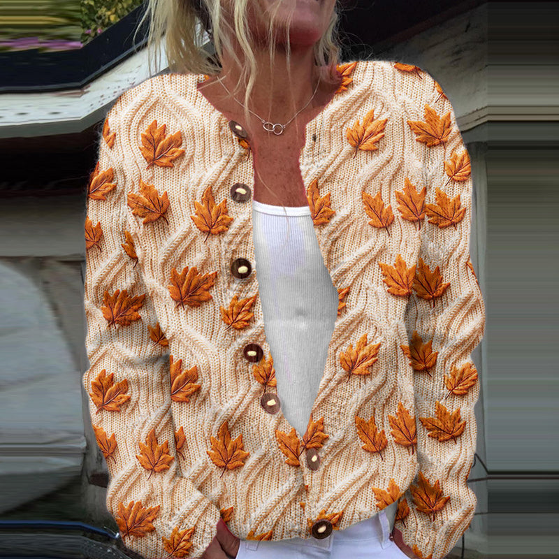 Maple Leaf Print Long Sleeve Knitted Cardigan artswardrobe