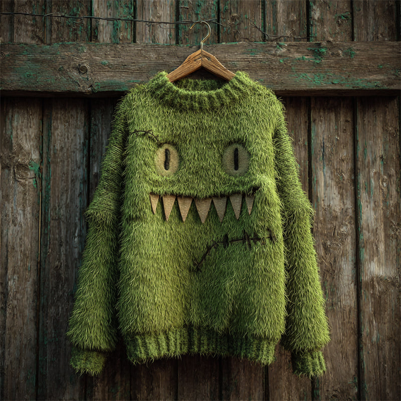 Halloween Fuzzy Monster Inspired Stitched Cozy Knit Sweater artswardrobe