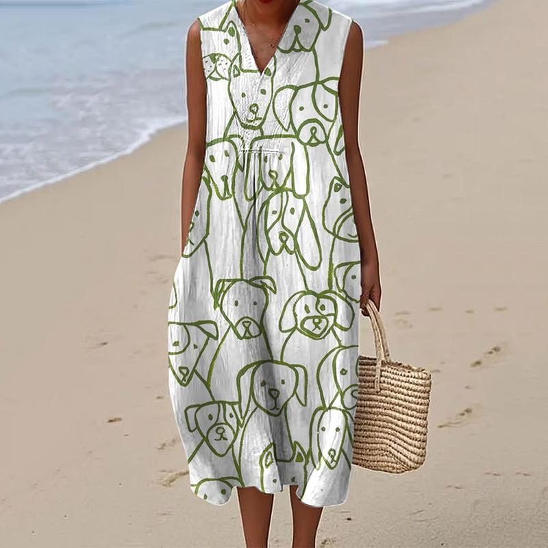 Comstylish Women's Retro Line Dog Art V-neck Dress