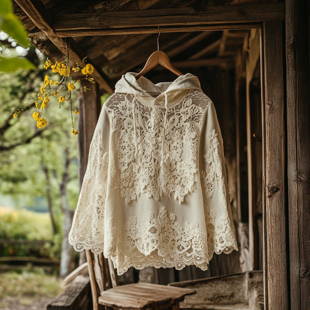 Comstylish Women's Retro Floral Lace Embroidery Patchwork Art Hoodie