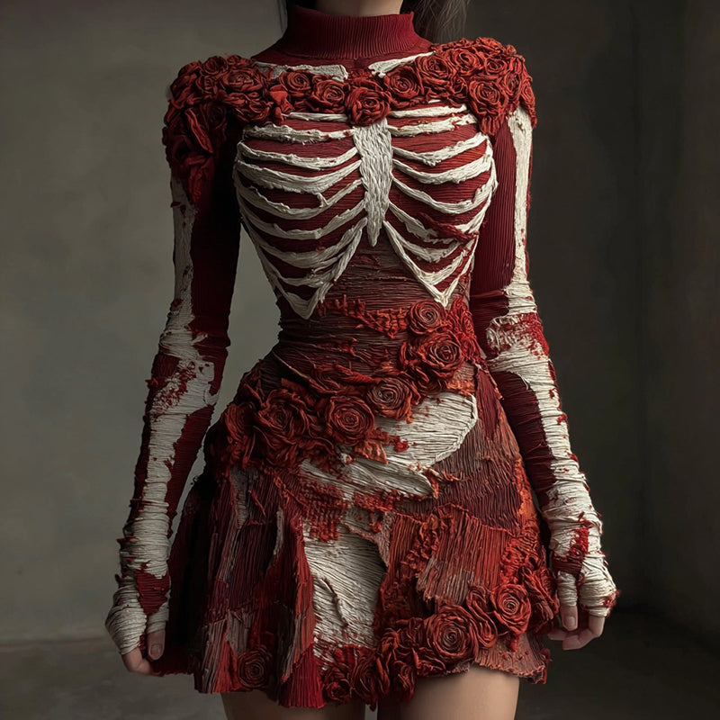 Women's Halloween Skull Rose Art Knitted Wool Skirt artswardrobe