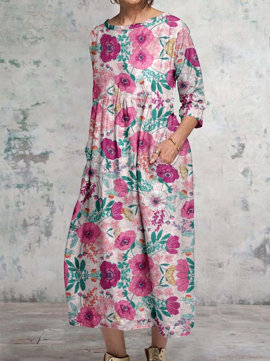 Women's Classic Floral Pattern Round Neck Cotton and Linen Top with Pockets