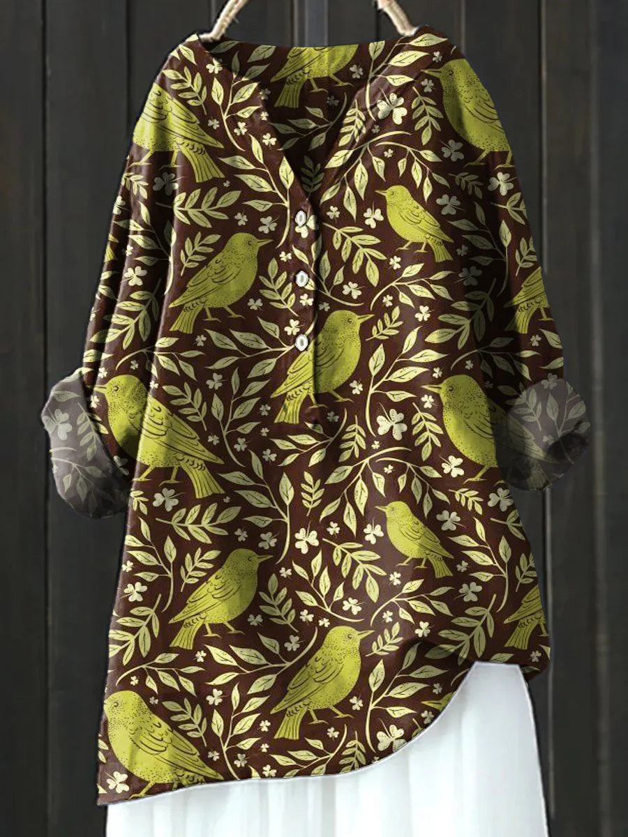 Women's Vintage Lovely Floral Birds Art Print Casual Shirt