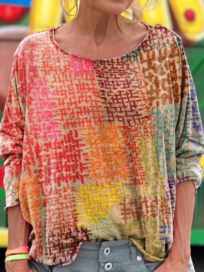 Women's Colorful Patchwork Texture Art Print Casual Long Sleeve Top