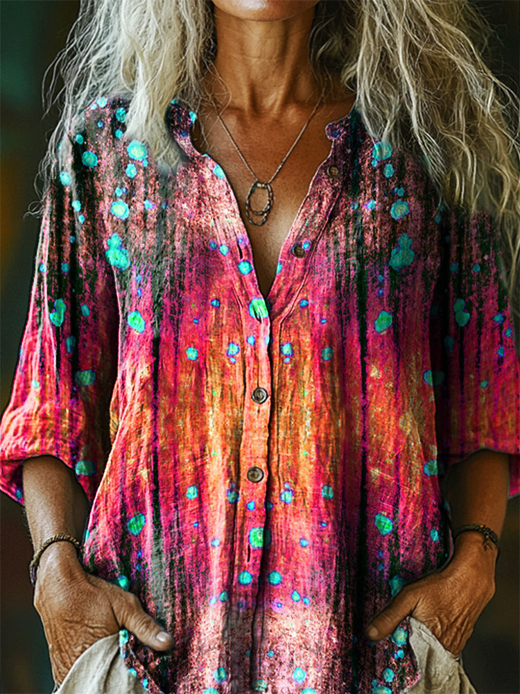 Women's Retro Ethnic Bohemian Pattern Art Print Casual Cotton Linen Sh