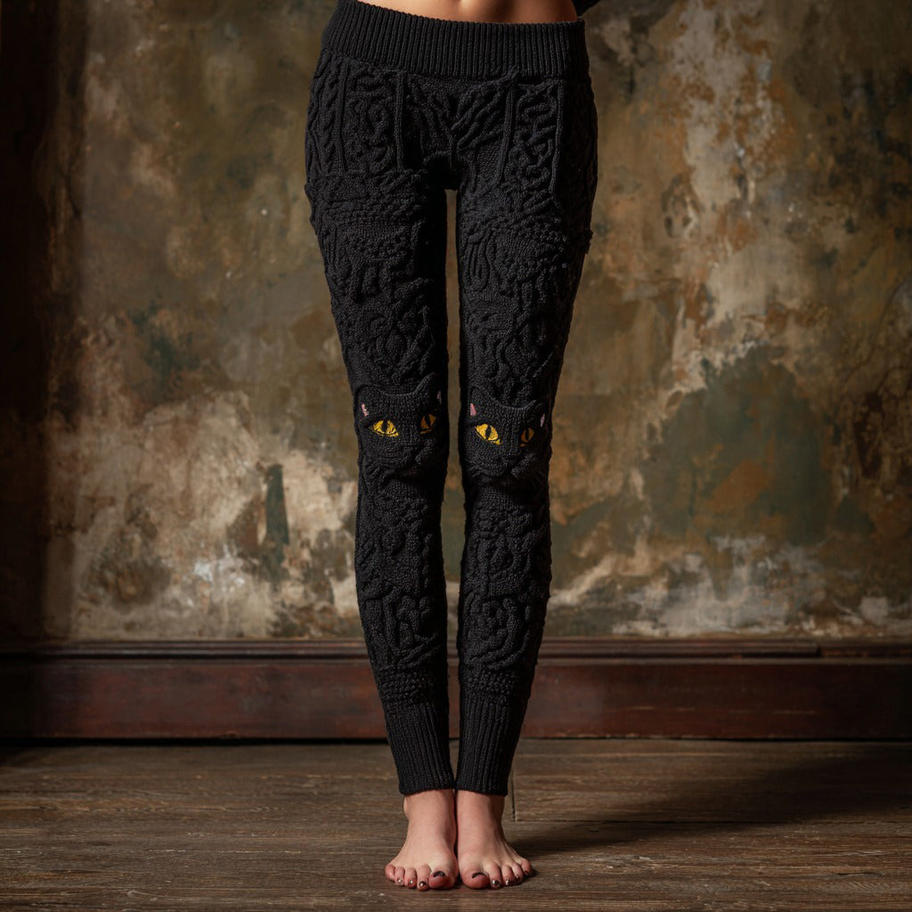 Cute Black Cat Face Embroidered Cozy Knit Leggings elevenforest