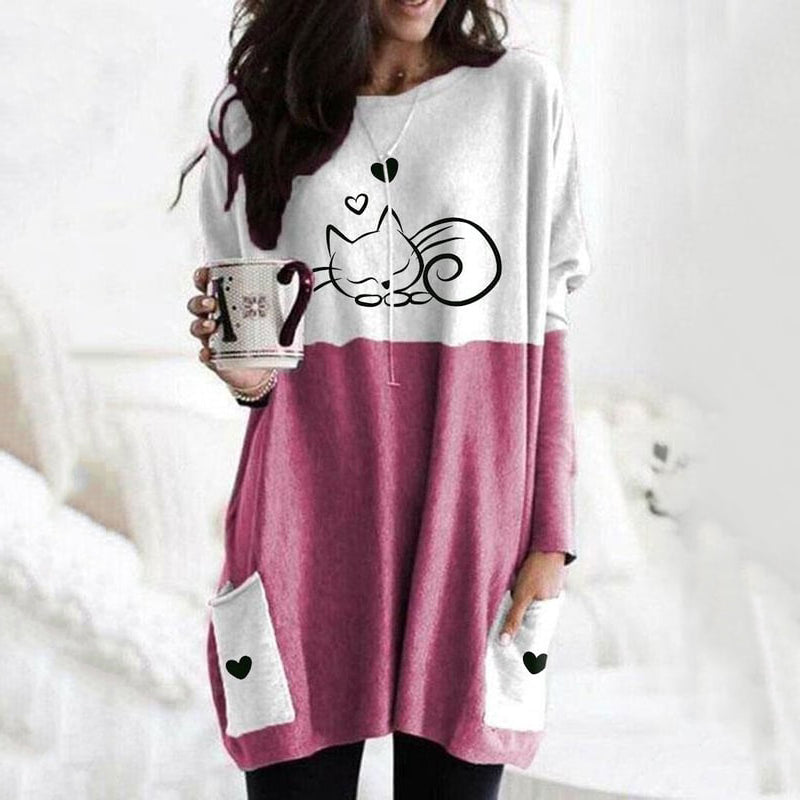 Cute Cat Print Long Sleeved Tunic elevenforest