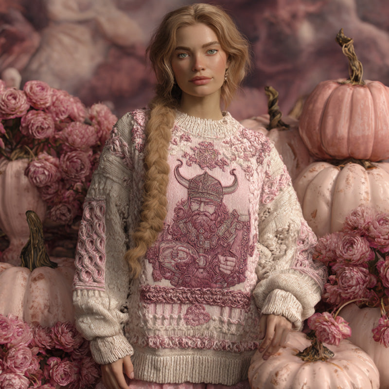 Women's Vintage Halloween Pink Viking Art Knit Sweater artswardrobe
