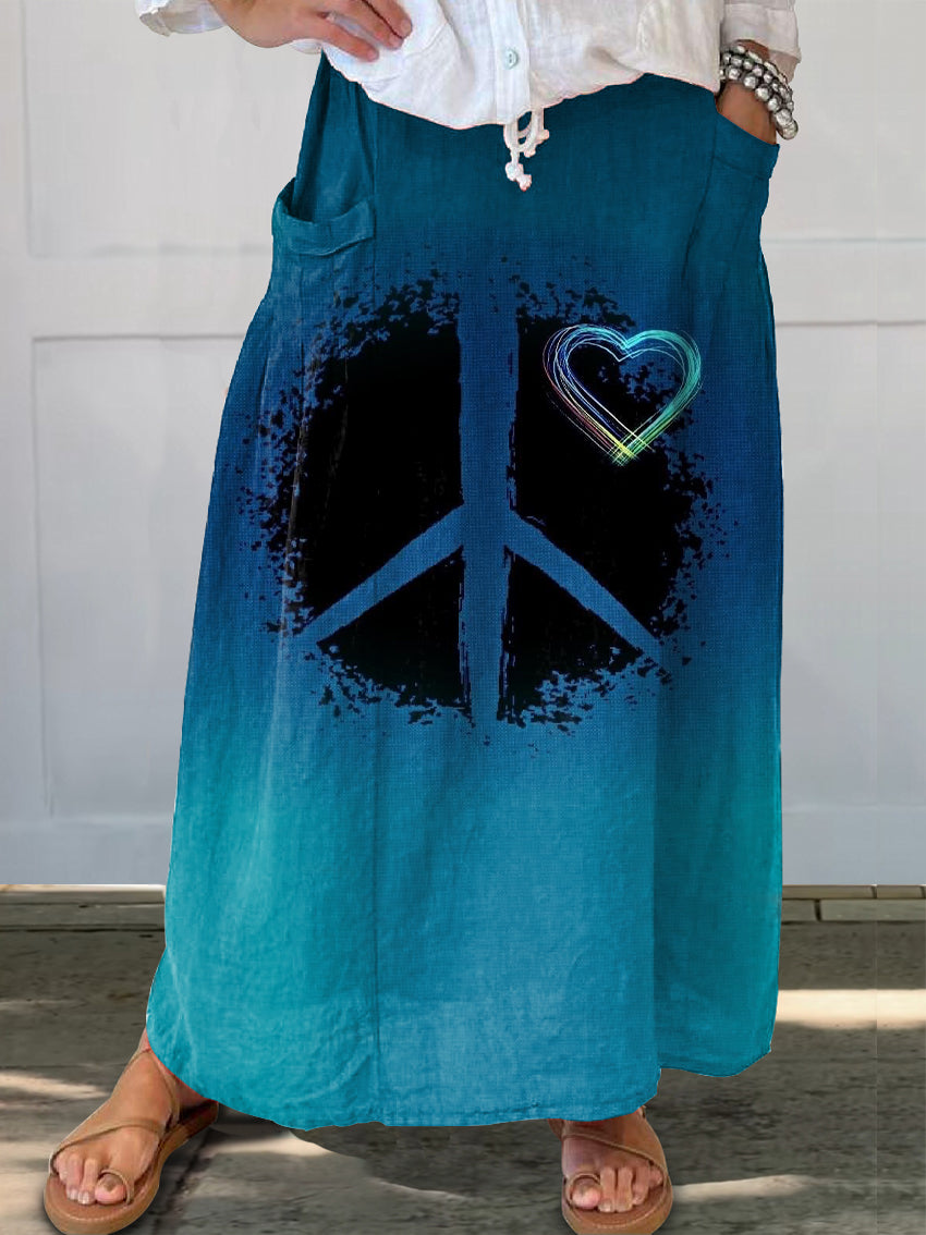 Women's Hippie Art Print Linen Pocket Skirt