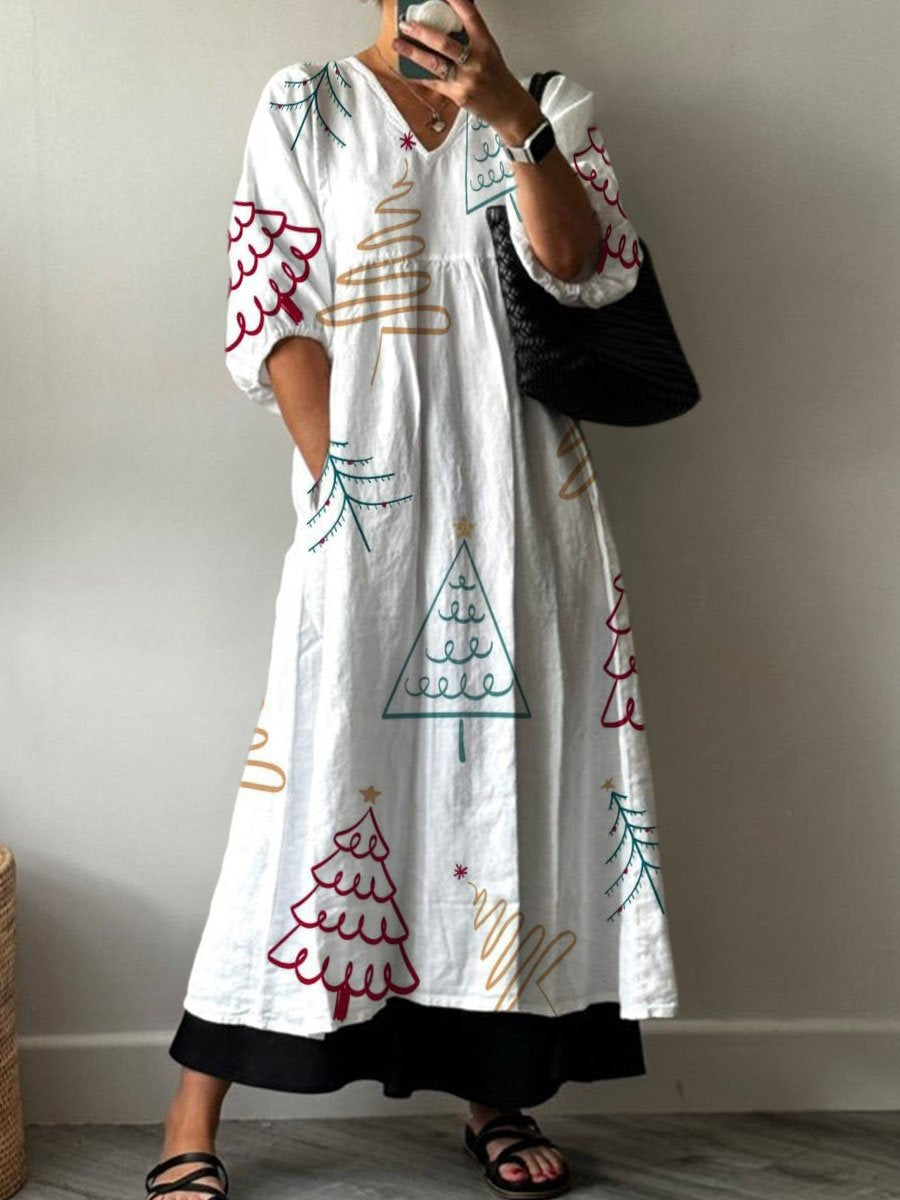 Simple Line Drawing Christmas Tree Decoration Pattern Pocket V-neck Co