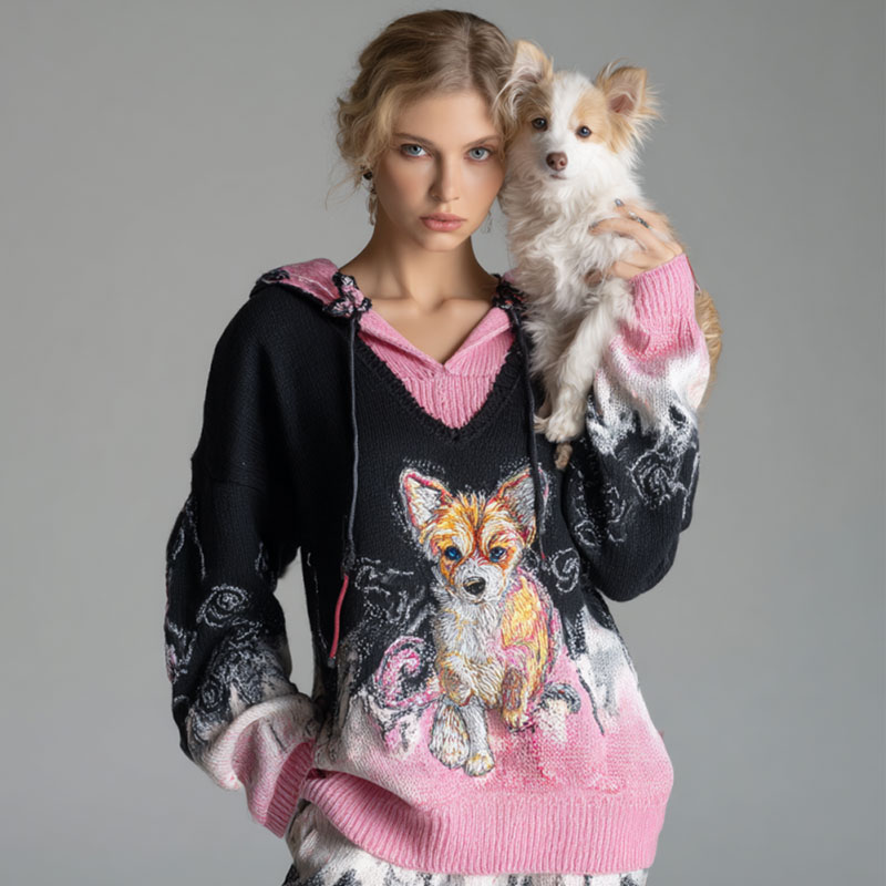 Women's Vintage Dog Embroidered Hooded Sweater artswardrobe