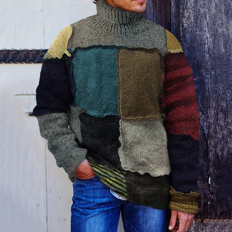 Men's Vintage Warmth Patchwork Pullover Knitted Turtleneck Sweater artswardrobe