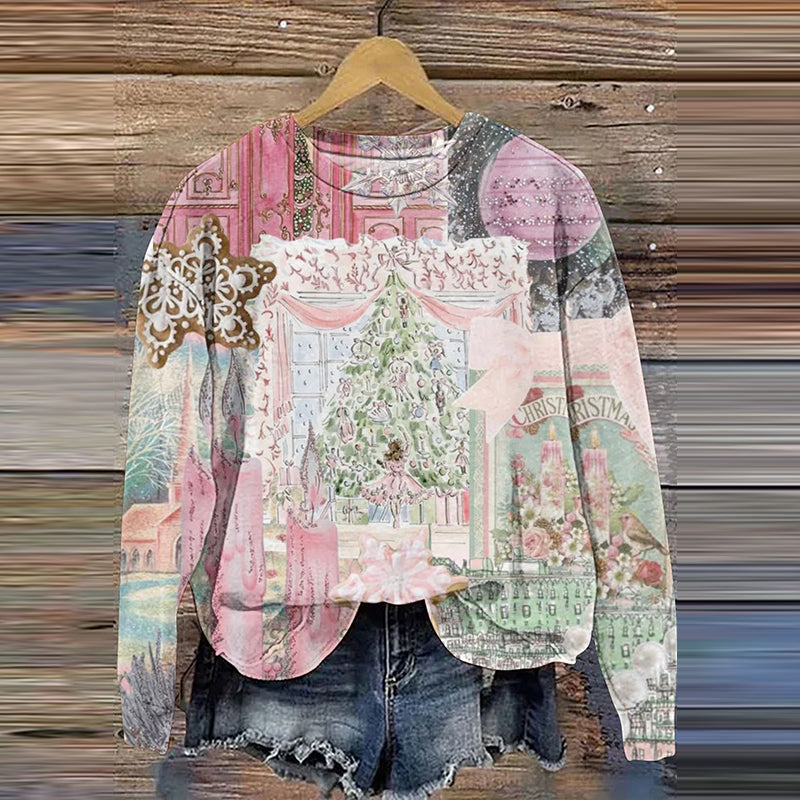 Comstylish Vintage Contrast Color Christmas Art Casual Print Sweatshirt