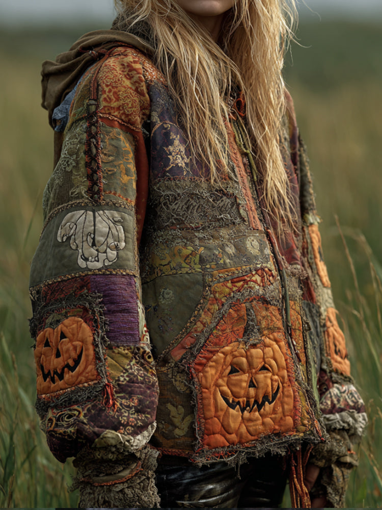Women's Vintage-style, Distressed Patchwork Halloween Pumpkin Pattern Hoodie artswardrobe