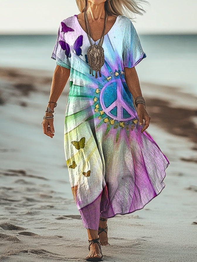 Women's Hippie Art Print Pocket Cotton Dress