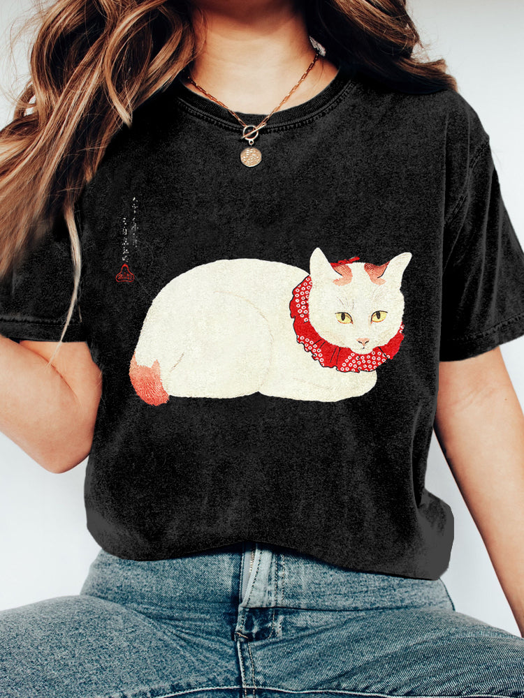 Lovely Japanese Cat Art Vintage Washed T Shirt elevenforest