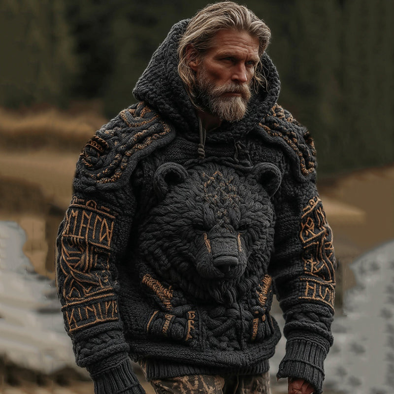 Men's Viking Brown Bear Celtic Knot Jacquard Knitted Hooded Sweater artswardrobe