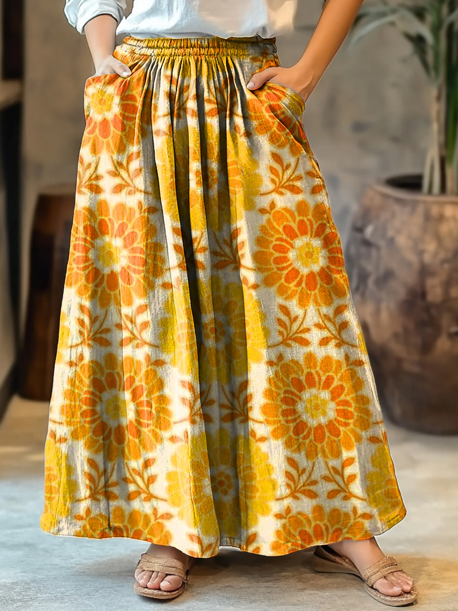 Women's Bohemian Floral Art Pattern Print Cotton Pocket Skirt