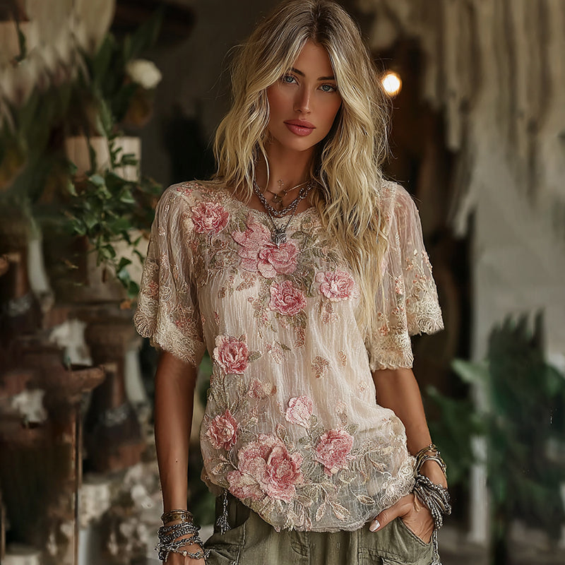 Women's Vintage Floral Art Linen Crew Neck Comfy Short Sleeve T-shirt artswardrobe