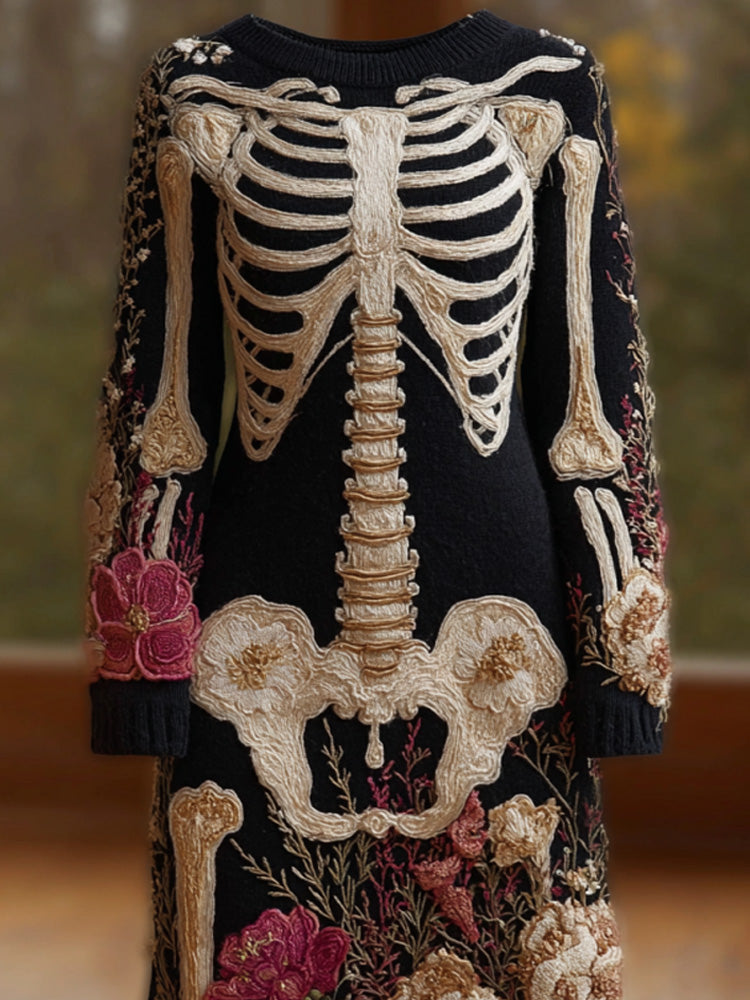 Women's Halloween Warm Tone Skull Rose Embroidered Dress artswardrobe