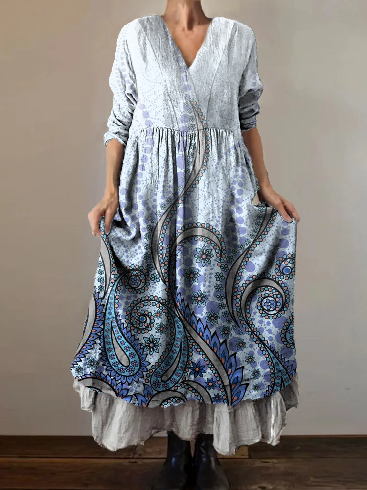 Women's Cashew Flower Trompe L'oeil Art Print V-Neck Pocket Cotton Dre