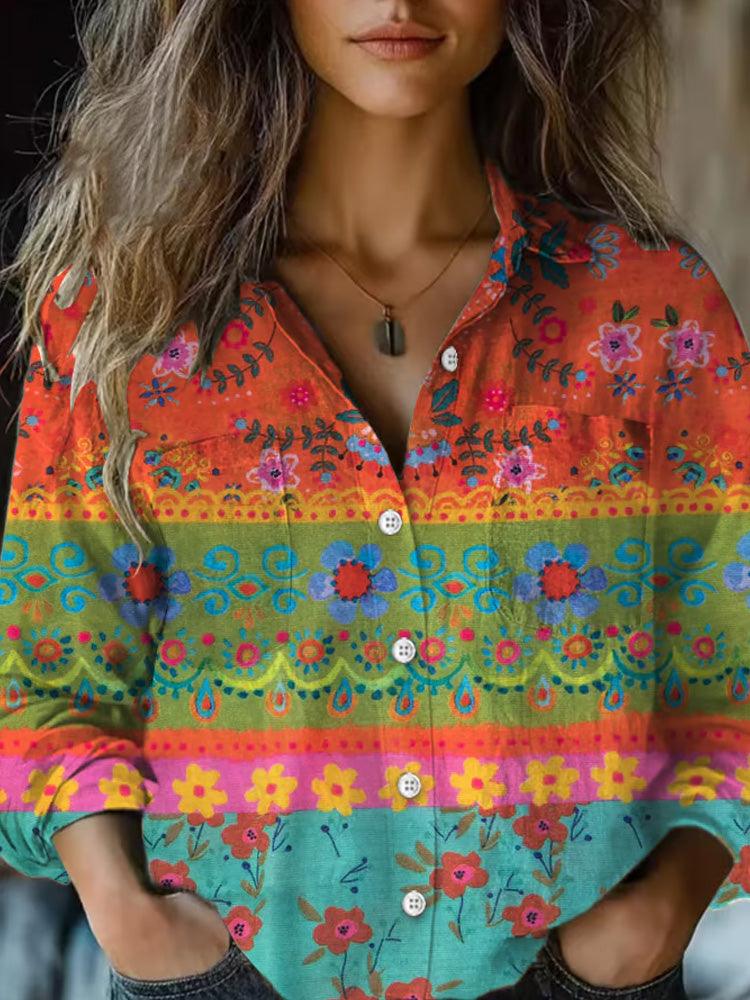 Comstylish Women's Vintage Floral Hippie Print Double Pocket Casual Shirt