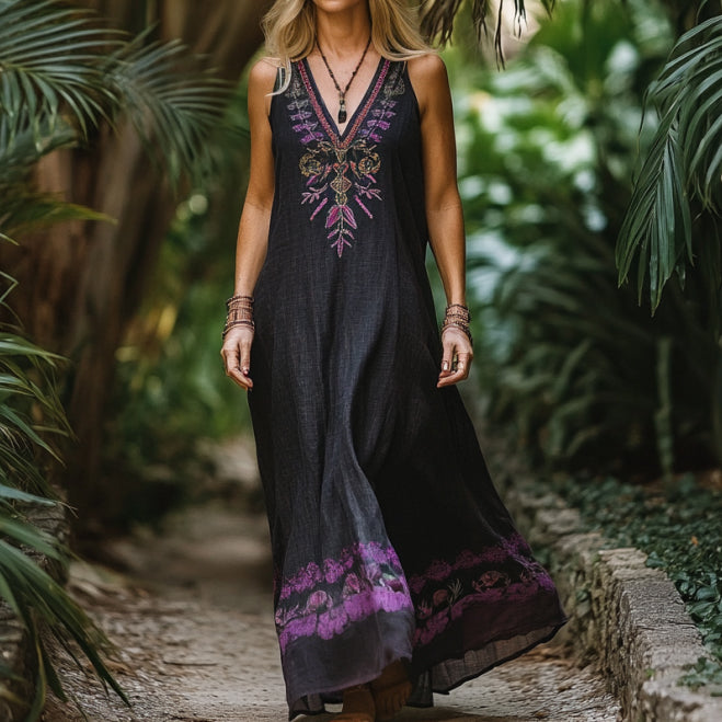 Bohemian Lavender Embroidery Sleeveless Cozy Linen Maxi Dress artswardrobe