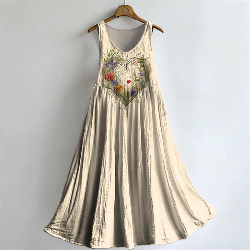 Women's Floral Heart Pattern Art Print V-Neck Pocket Cotton Dress