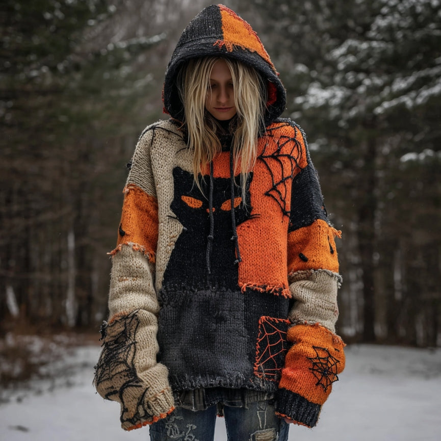 Comstylish Women's Tribal Black Cat Patchwork Stitched Cozy Knit Hooded