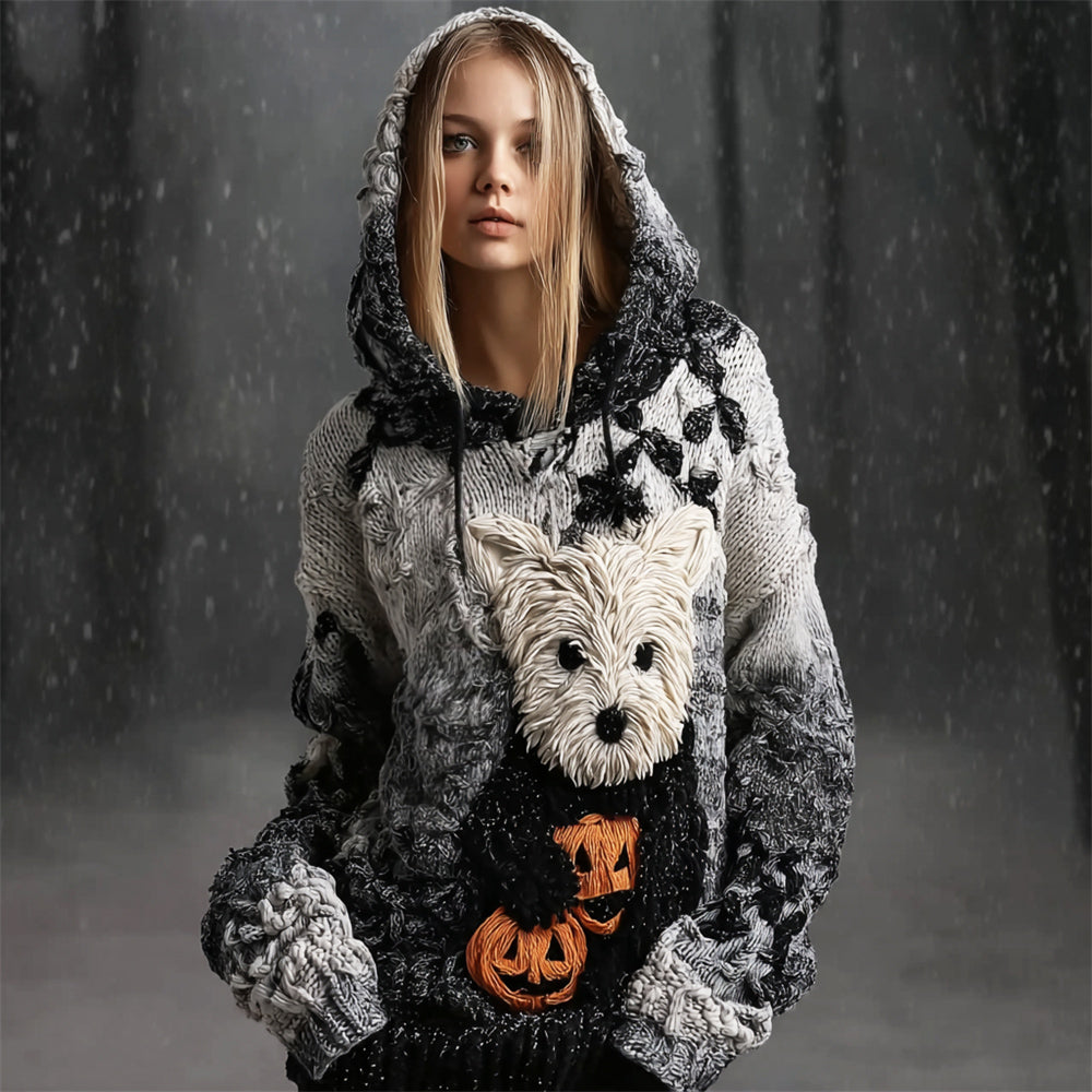 Halloween Cairn Terrier Dog & Pumpkin Art Women's Hooded Sweater artswardrobe