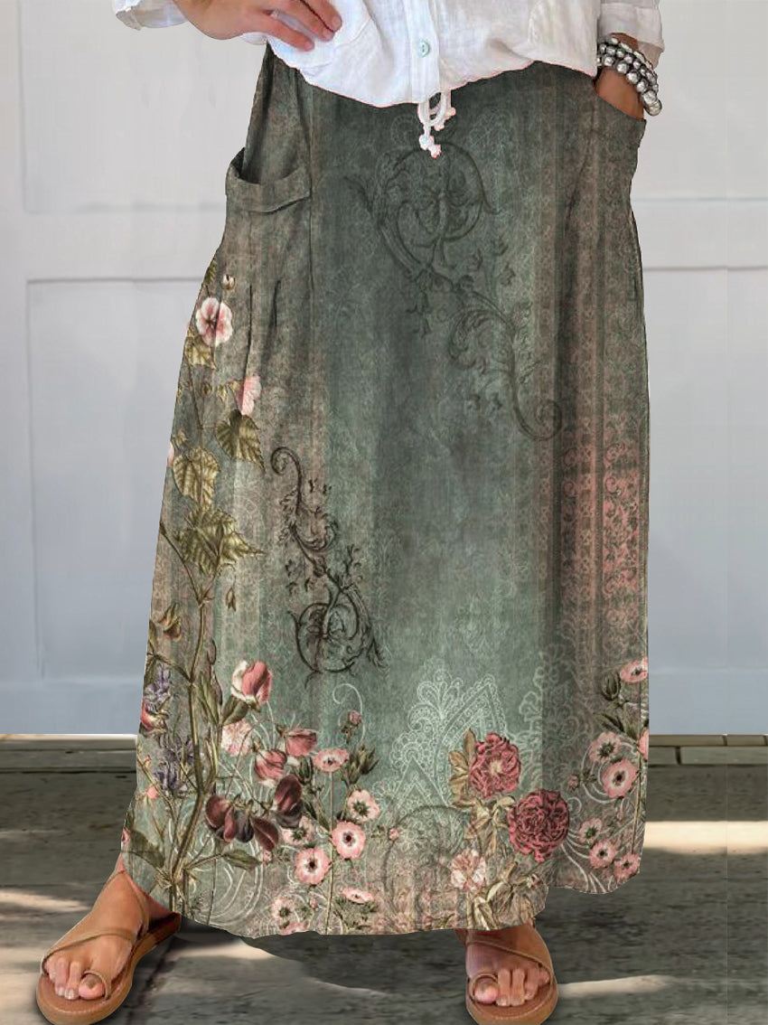 Women's Vintage Folk Floral Art Pattern Print Linen Pocket Skirt