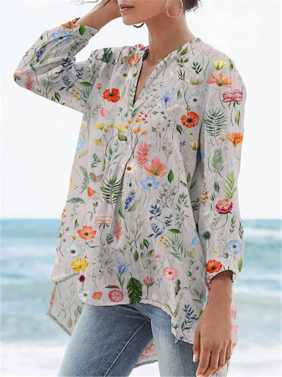 Women's Vintage Lovely Floral Art Print Casual Linen V-neck Shirt