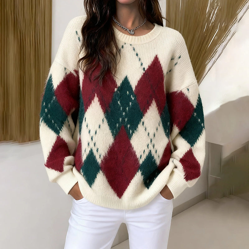 Women's Christmas Check Pattern Warm Casual Round Neck Sweater artswardrobe