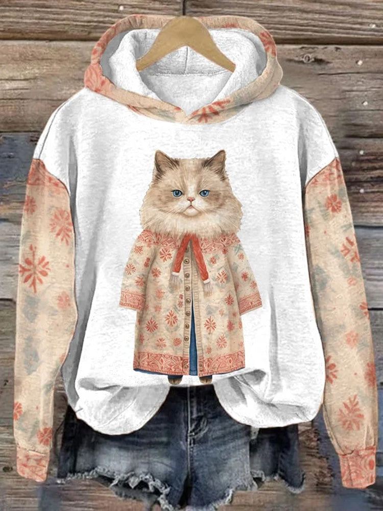 Women's Cute Pet Cat Doodle Printed Hoodie elevenforest