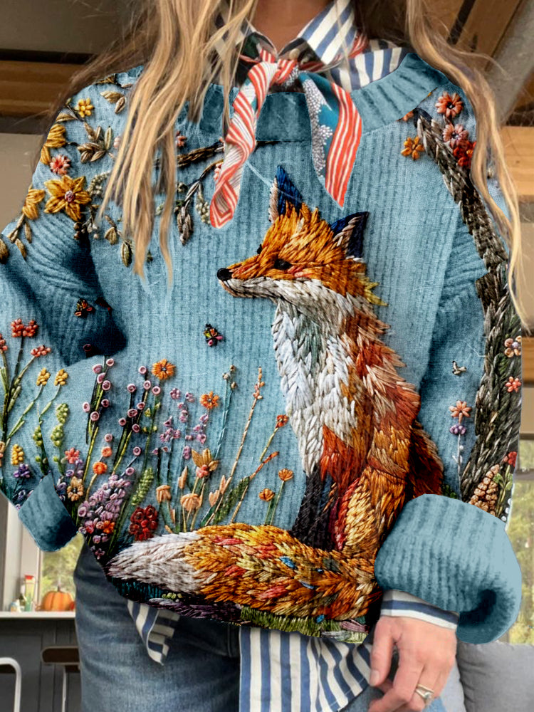Whimsical Fox Embroidery Art Crew Neck Sweater artswardrobe