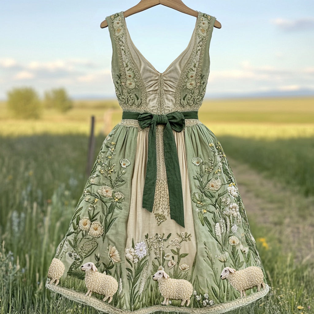 Women's Vintage Sheep And Grass Design Mini Dress artswardrobe