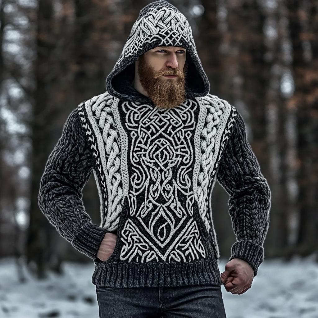 Men's Viking Tribal Jacquard Celtic Inspired Chunky Knit Hooded Sweater elevenforest