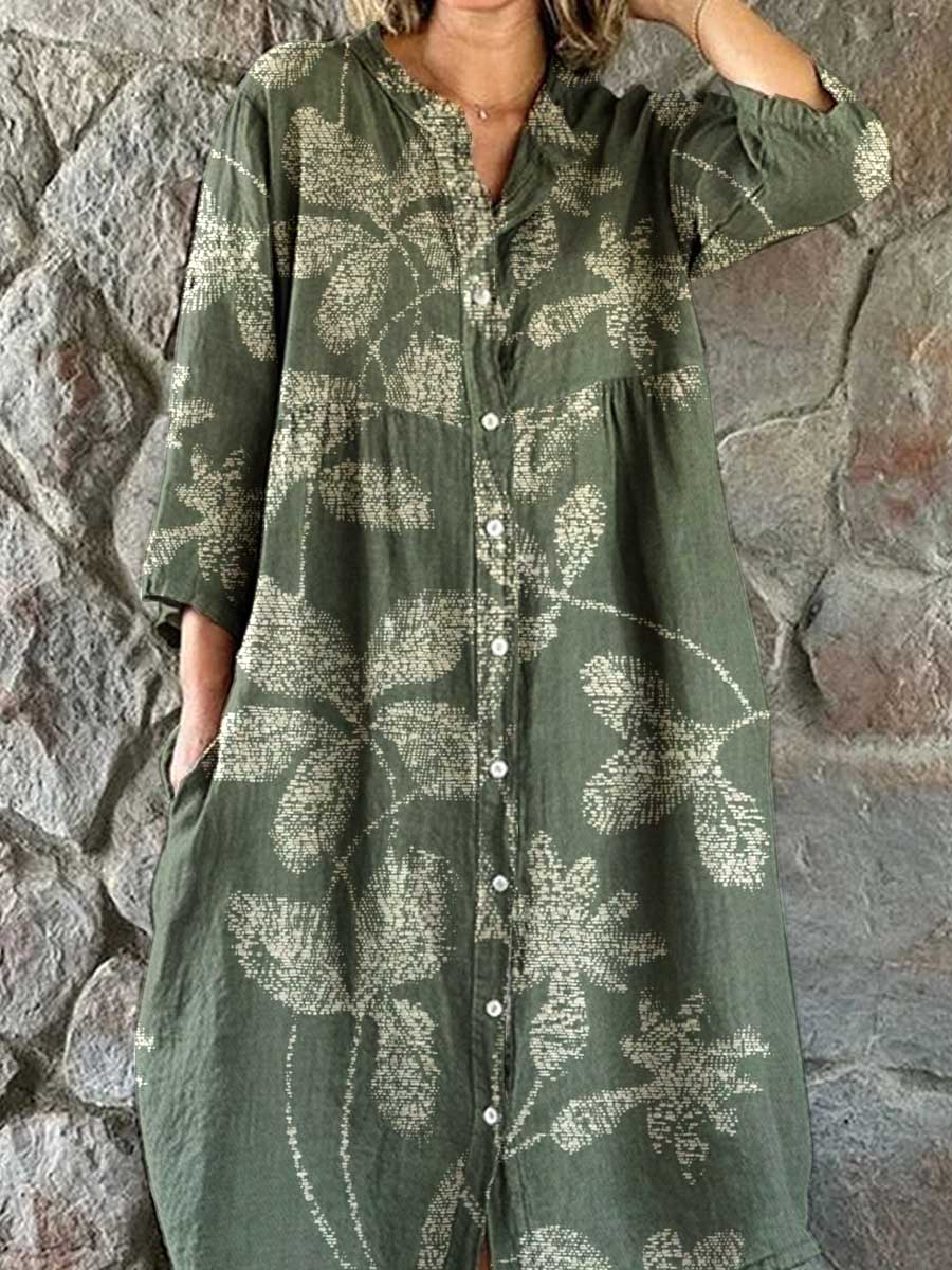 Women's Resort Art Floral Pattern Cotton Shirt Dress