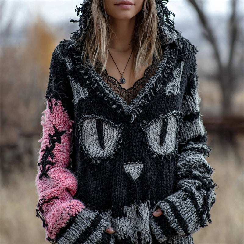 Halloween Black Cat Face Contrast Distressed Knit Hooded Sweater artswardrobe