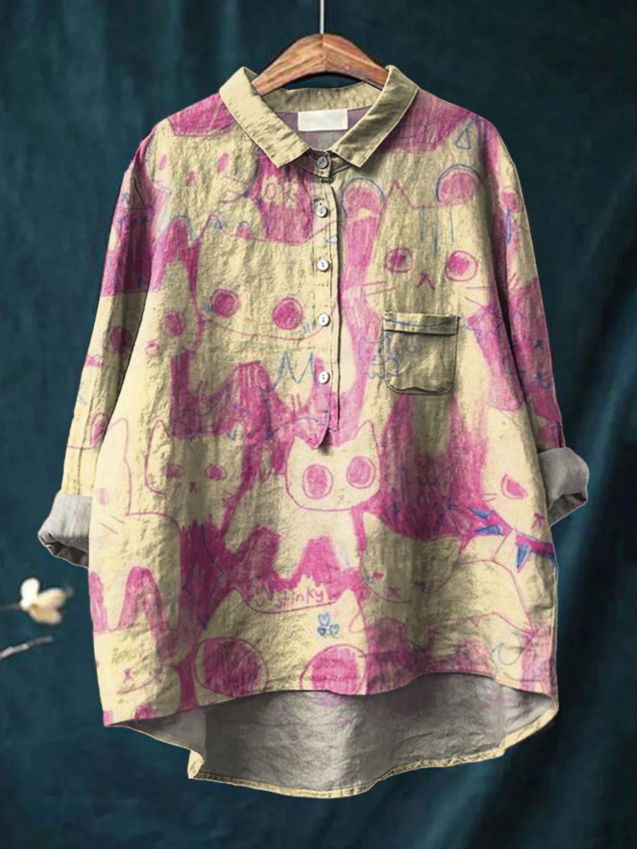Vintage Funny Cats Art Print Casual Cotton And Linen Shirt