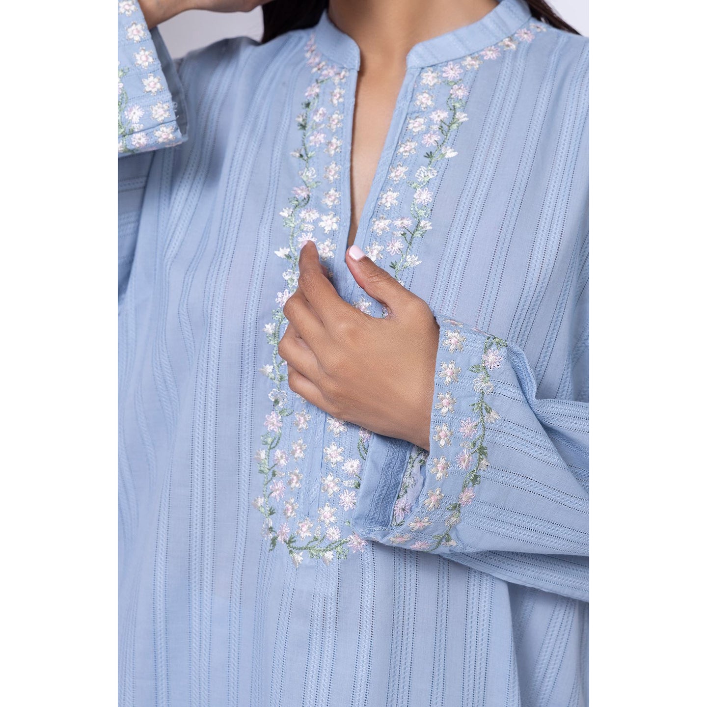 Women's Vintage Floral Embroidery Stripe Art Linen Casual V Neck Shirt artswardrobe