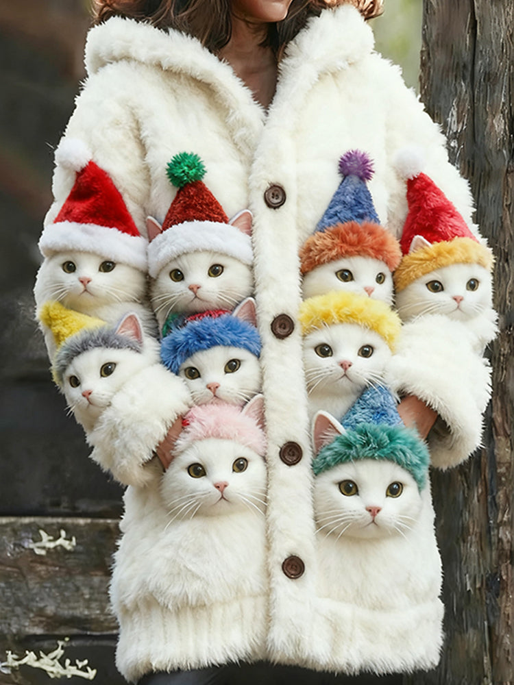 Comstylish Women's Christmas Cute Cat Cardigan Long Sweater