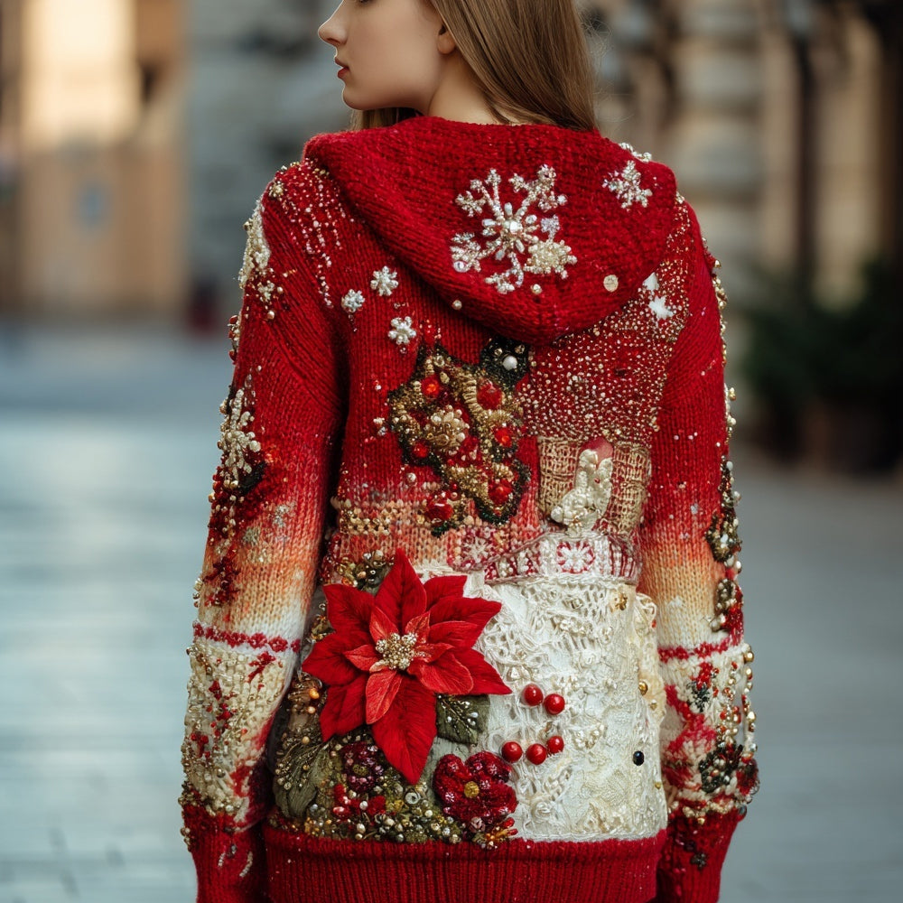 Christmas Inspired Beads Embroidered V Neck Hooded Sweater artswardrobe