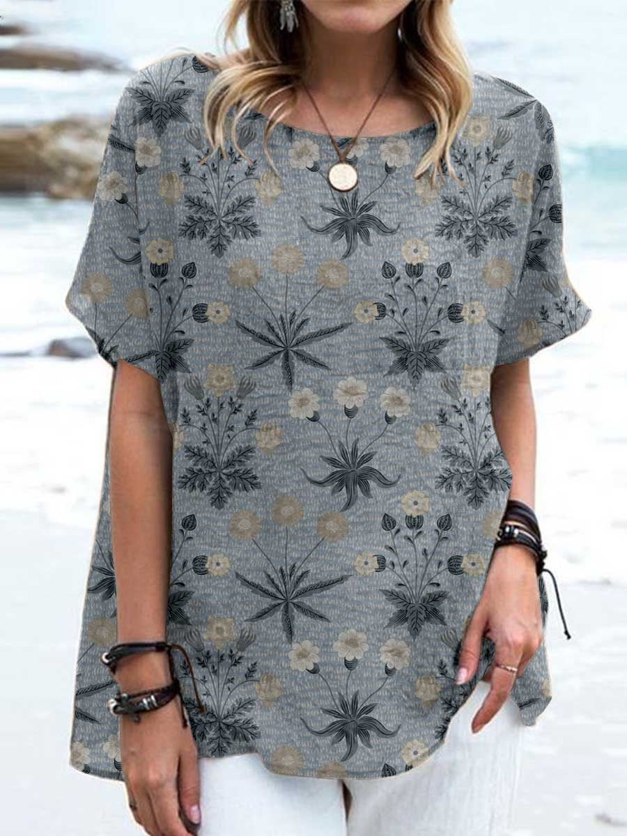 Women's Elegant Floral Pattern Round Neck Cotton and Linen Top