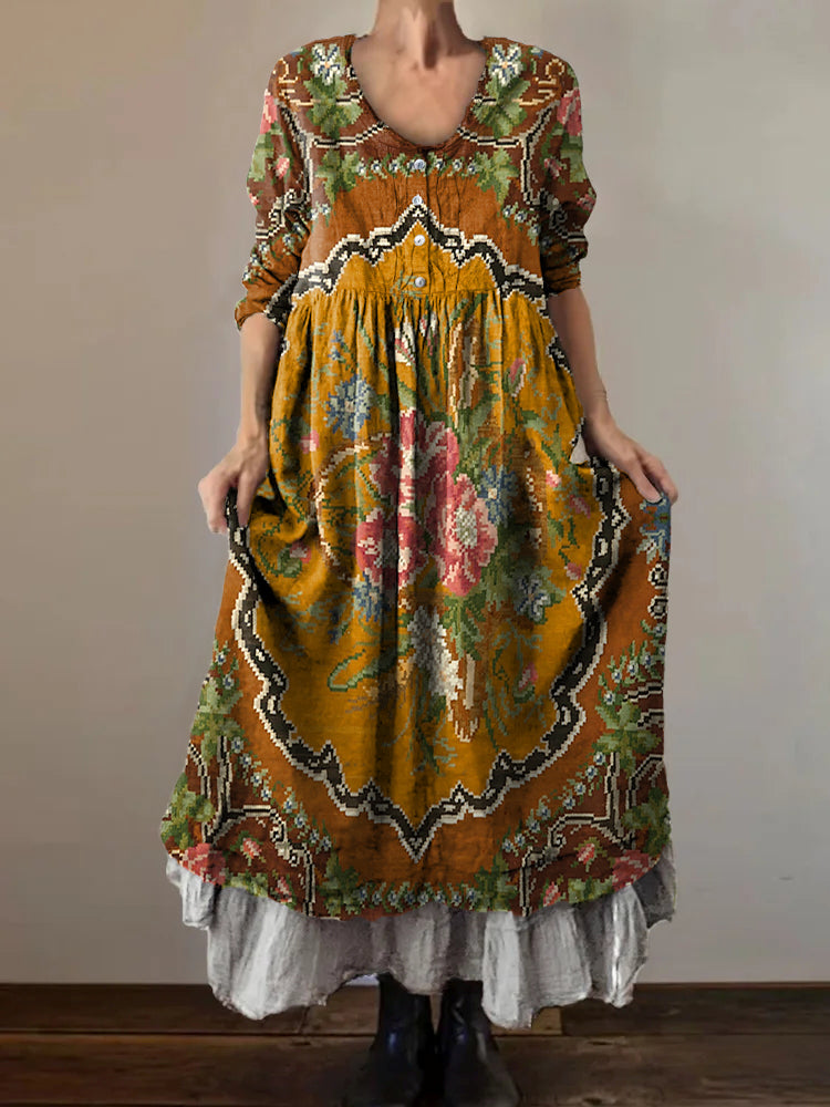 Women's Vintage Floral Embellished Pattern Art Print V-Neck Button Poc