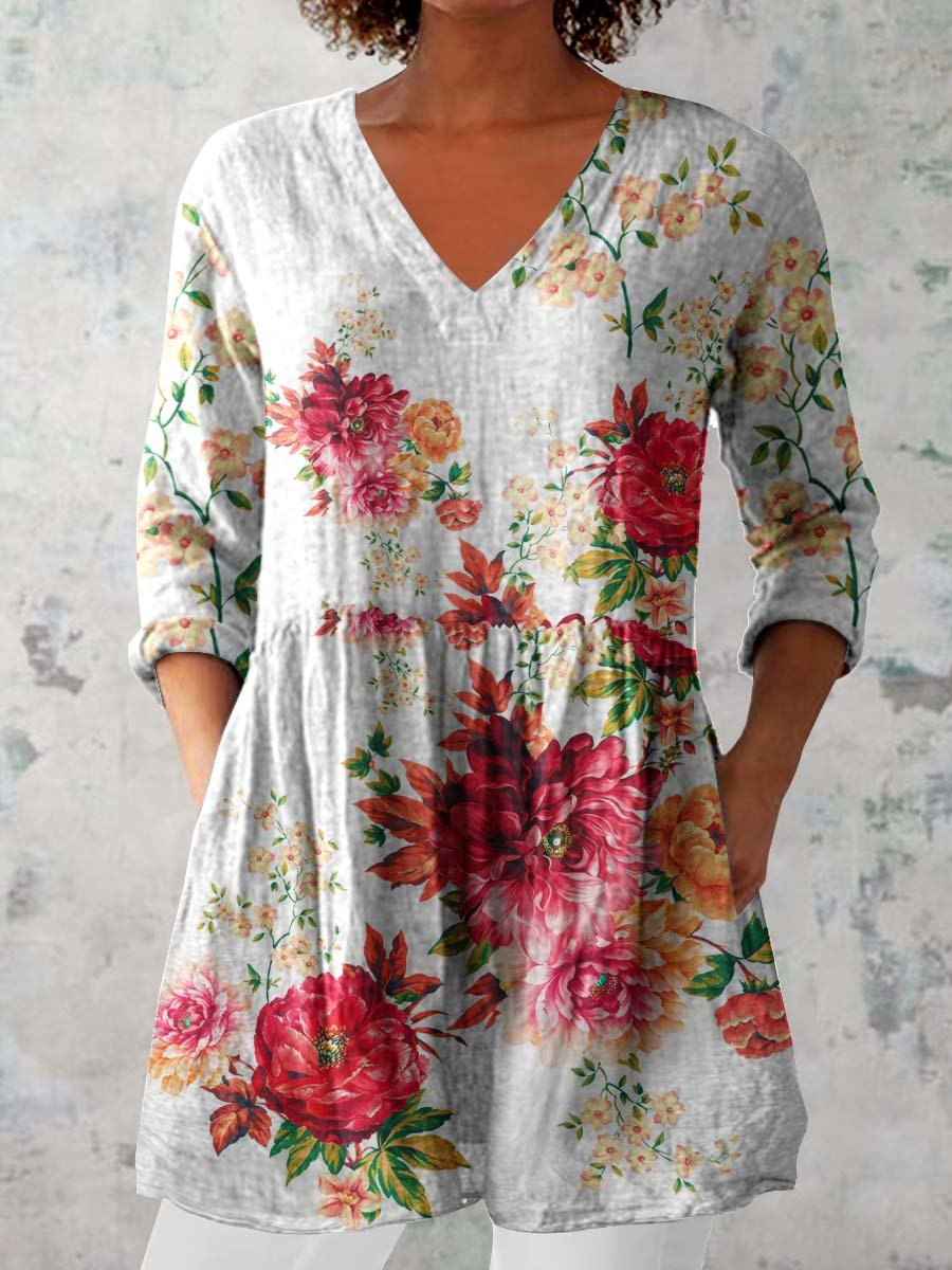 Women's Elegant Floral Pattern Round Neck Cotton and Linen Top